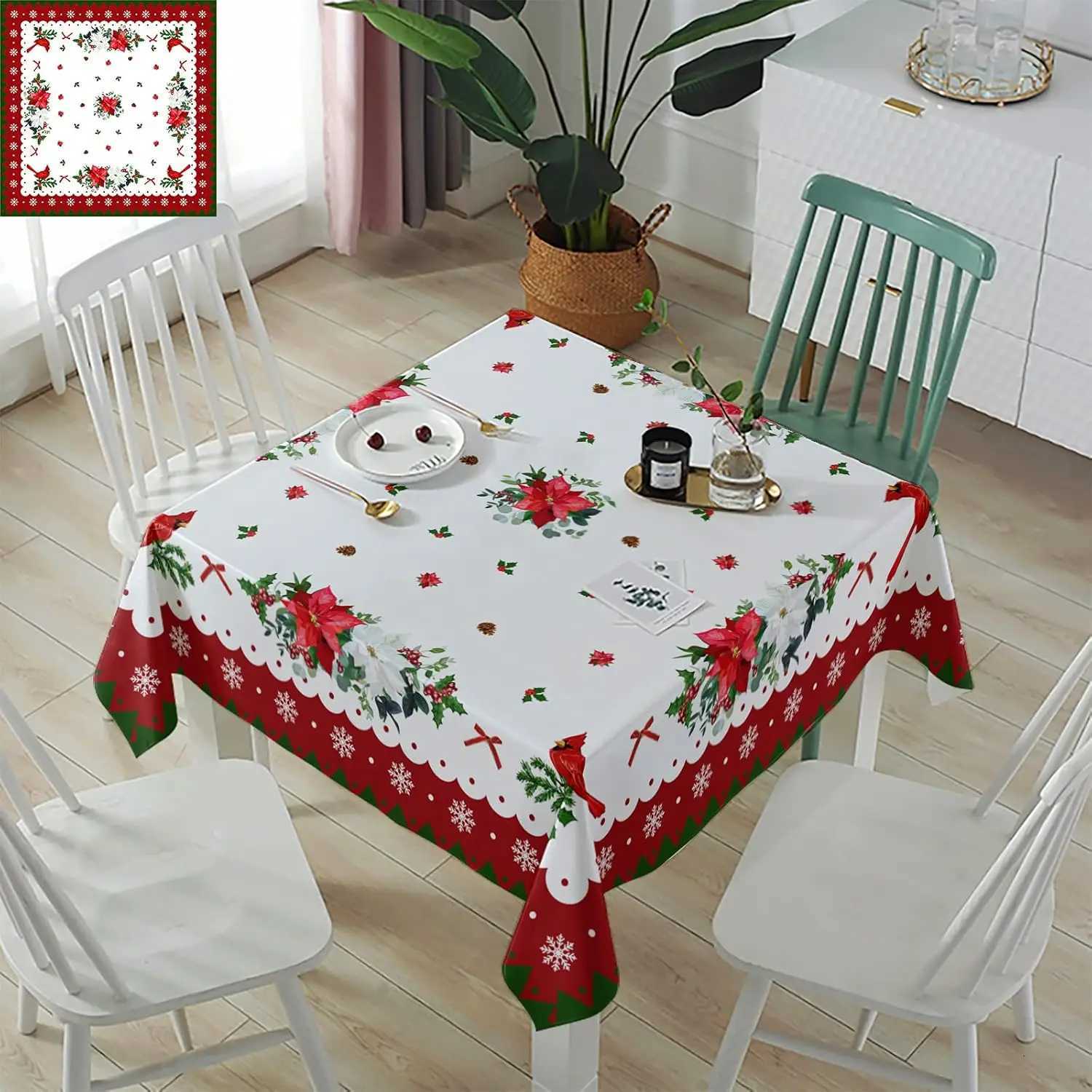 Christmas Poinsettia Holly Rectangle Waterproof Tablecloth Table Decor Winter Xmas Kitchen Dining Tablecloth Xmas Decorations H251110-image-1083975342