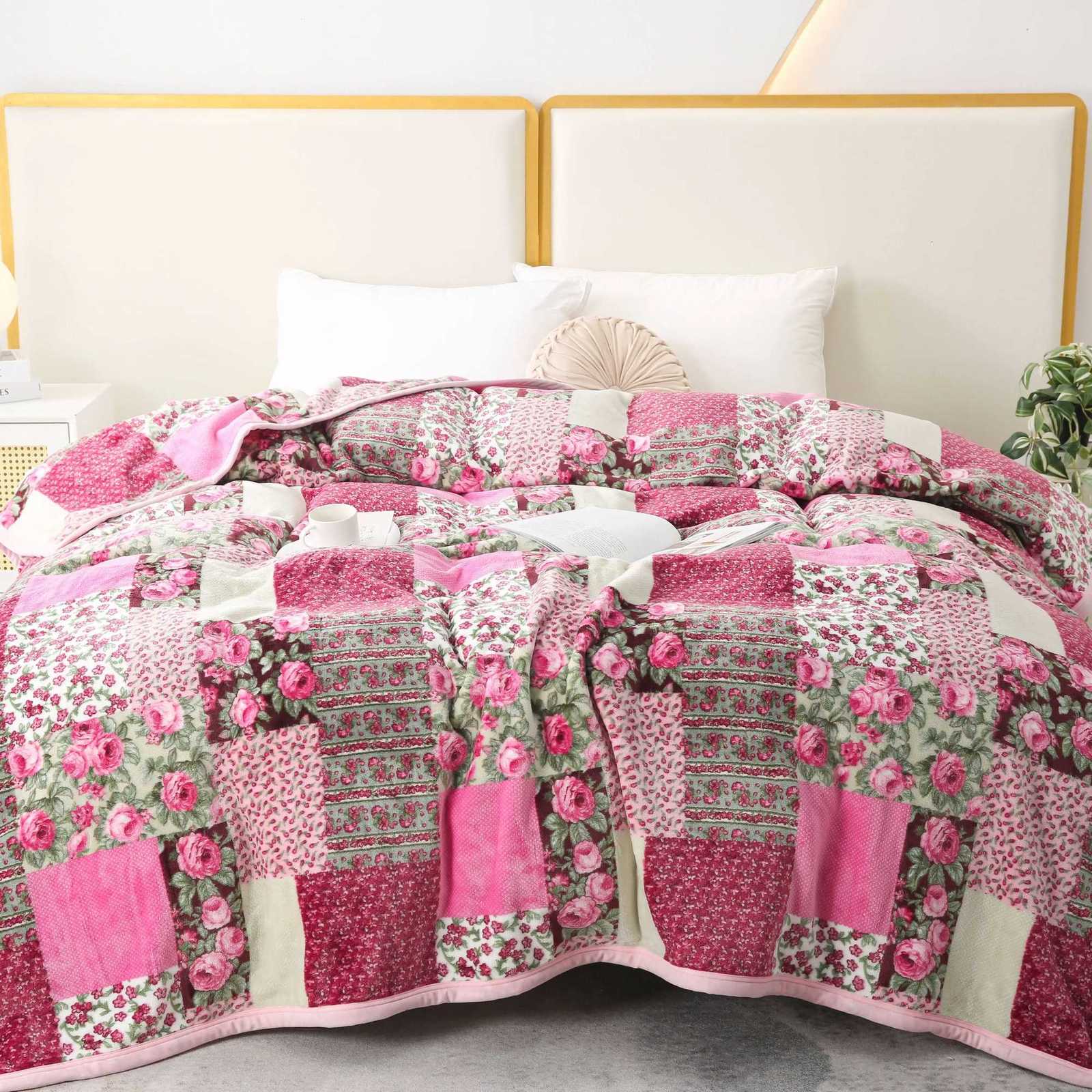 1pc Flannel Printed Blanket With Pink Flower Plaid Patchwork Pattern Thickened Warm Winter For Sofa Office Bedroom AirplaneW251107-image-1083901898