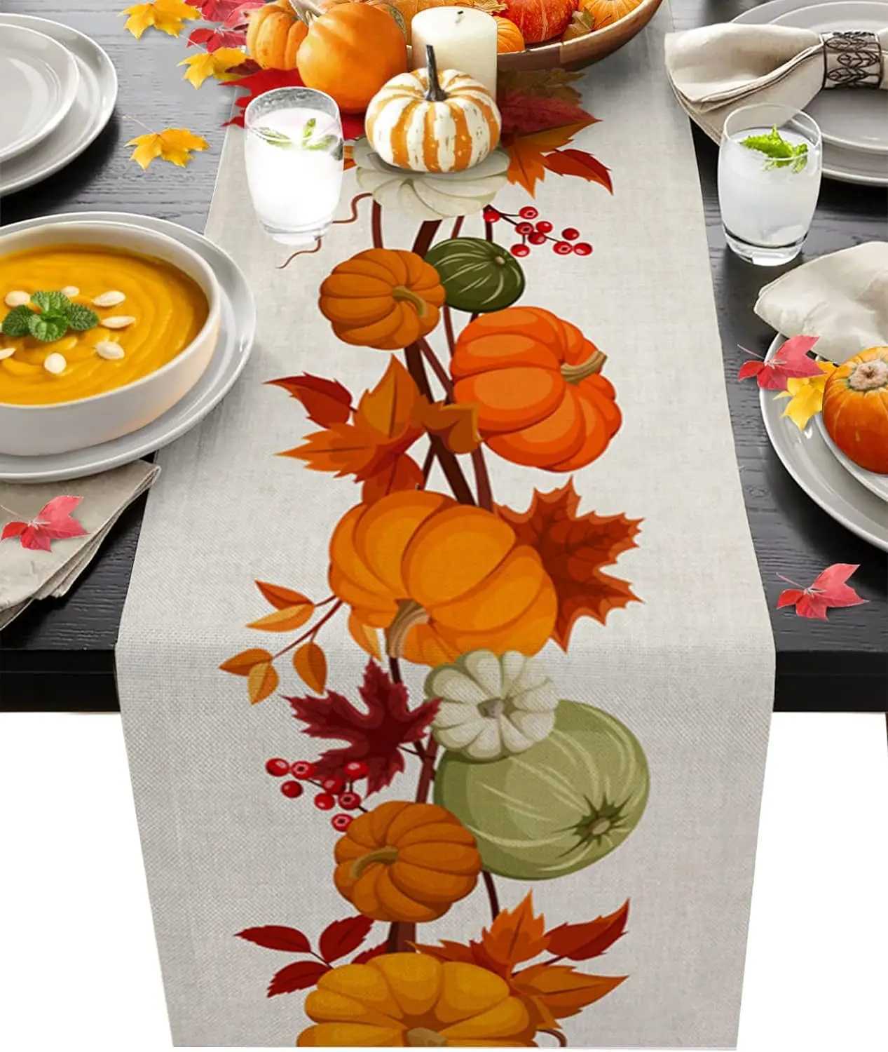 Autumn Maple Leaves Harvest Pumpkin Linen Table Runner Washable Fall Thanksgiving Table Runner Kitchen Coffee Dining Table Decor H251110-image-1083975571