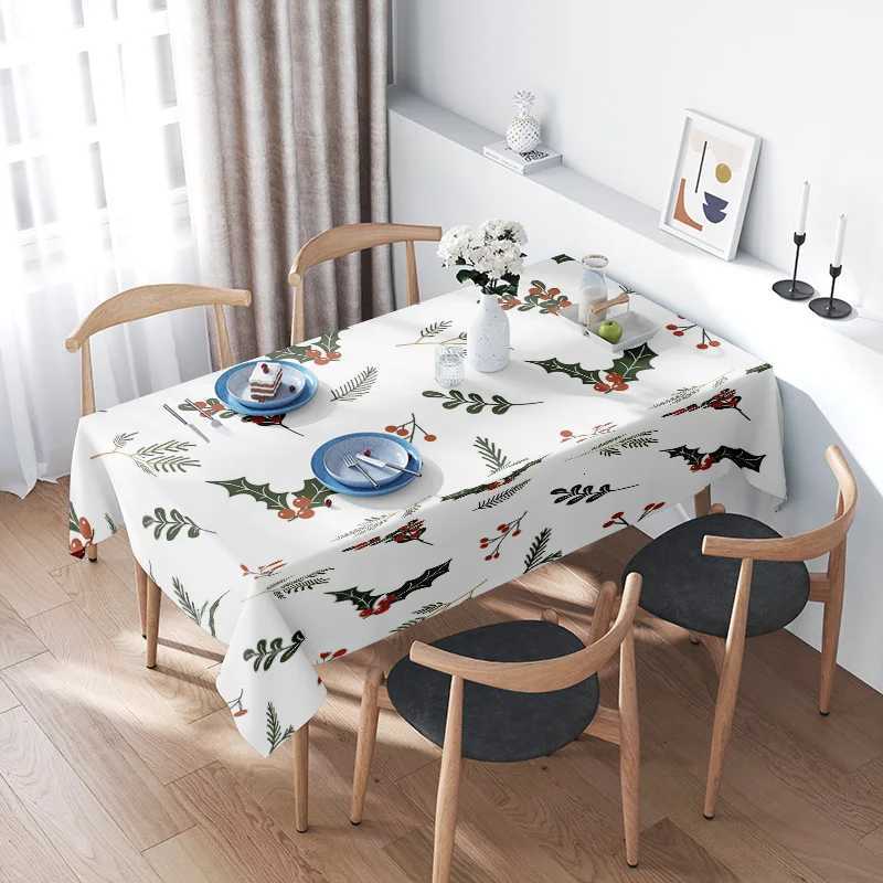Holly Leaves Berries Christmas Tablecloth Decor White Floral Print for Dining Ro or Kitchen Party Decoration 160cm x 320cm H251110-image-1083979165