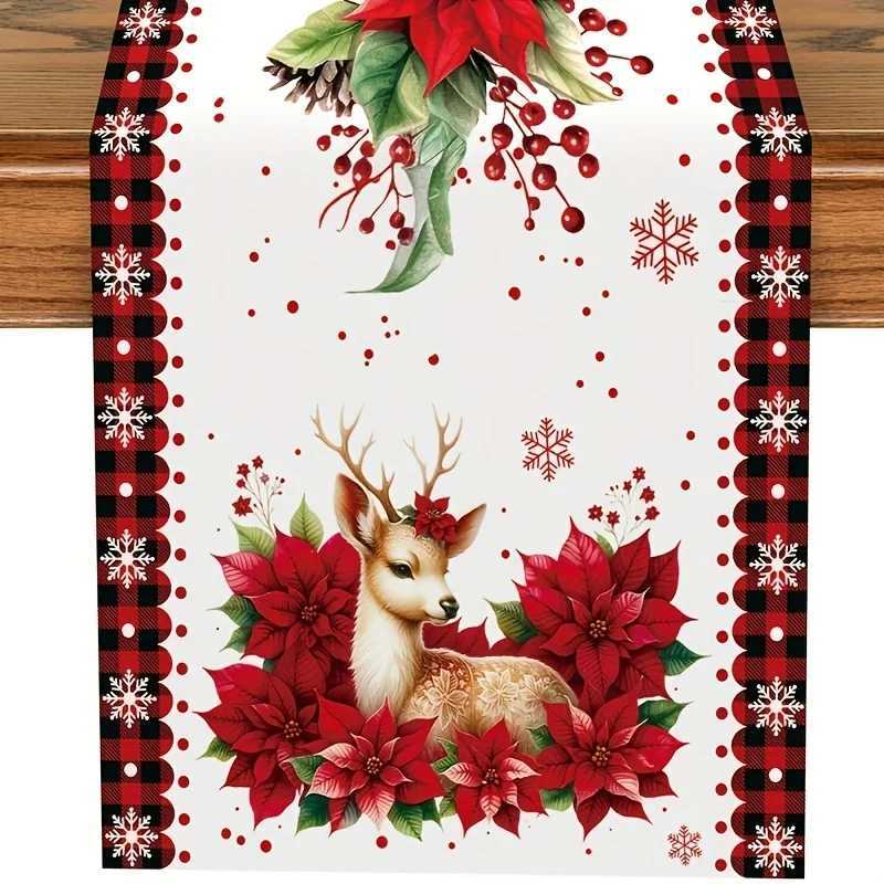 Christmas Poinsettia Reindeer Table Runner Wedding Party Decor Winter Xmas Kitchen Dining Table Runners Christmas Decorations H251110-image-1083976166