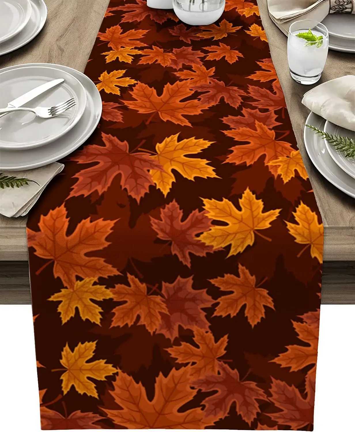 Fall Thanksgiving Maple Leaf Linen Table Runner Dresser Scarves Farmhouse Kitchen Dining Table Runners Wedding Party Decorations H251110-image-1083975508