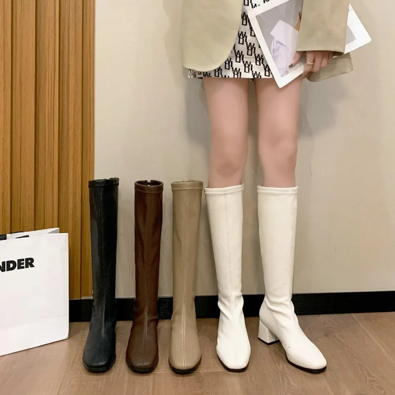 Womens boots soft Pu leather high heels rising knee autumn and winter warm snow British style thick high heels 250402