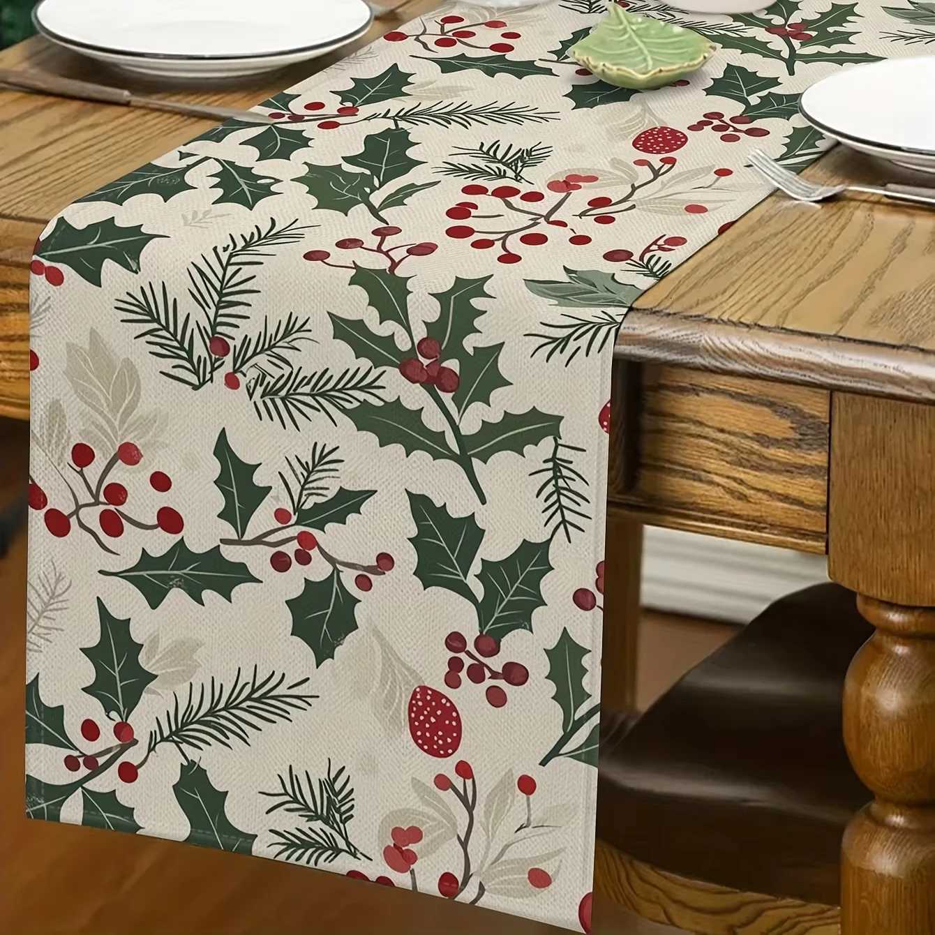 Bohen Christmas Table Runner Holly Red Berries Green Foliage Rectangar Kitchen Dining Holiday Party Decor H251110-image-1083975749