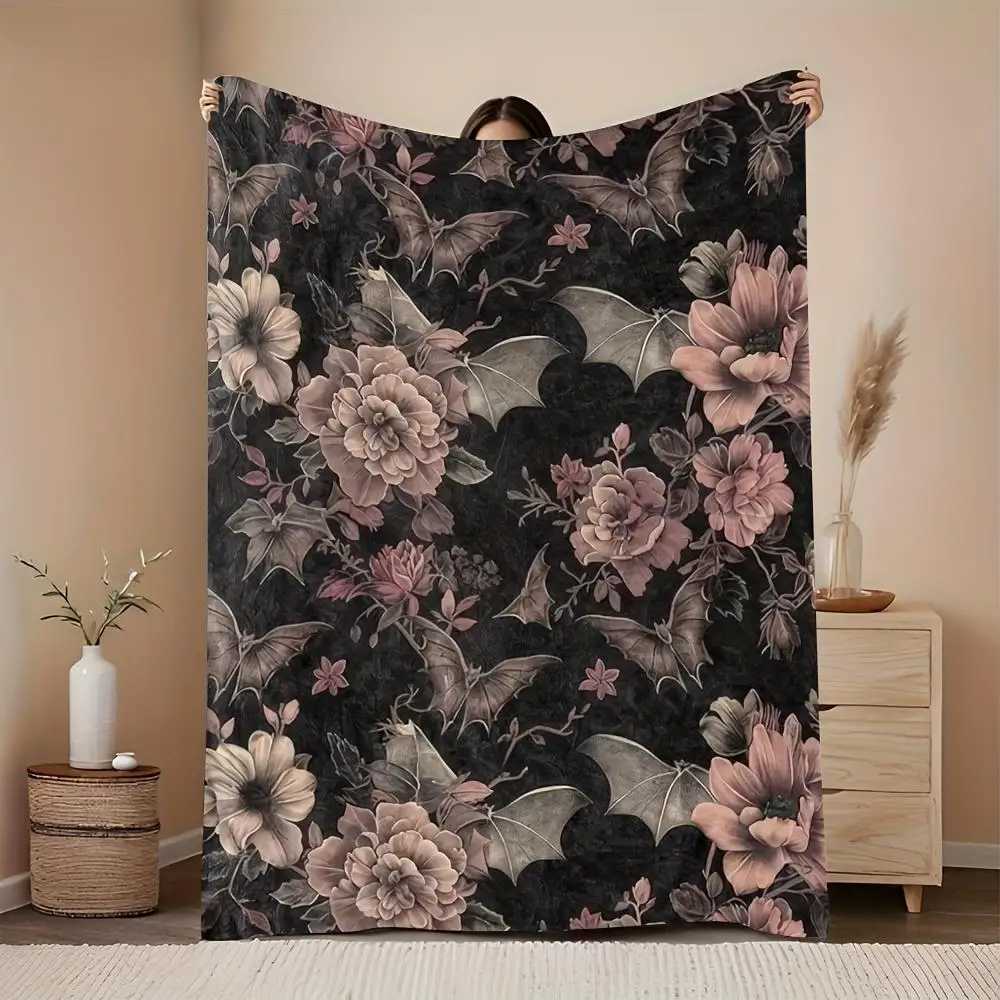 1pc Ultra-Soft Flannel Blanket - Gothic Pink Floral Bat Motif on Black All-Season Luxury Bedspread for Camping SofaW251107-image-1083906698