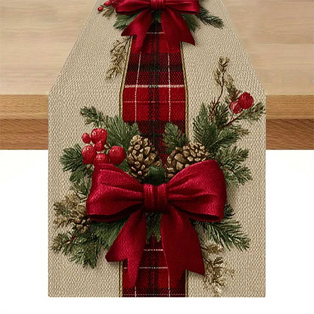 1pc 2D Christmas Plaid Bow Table Runner Festive Xmas Decor for Dinner Table Durable Linen Decoration for Christmas Season H251110-image-1083975958