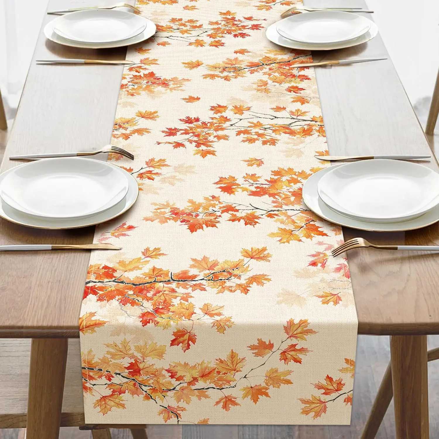 Fall Harvest Branches Maple Leaves Linen Table Runner Party Decor Farmhouse Kitchen Dining Table Runner Thanksgiving Decorations H251110-image-1083975660