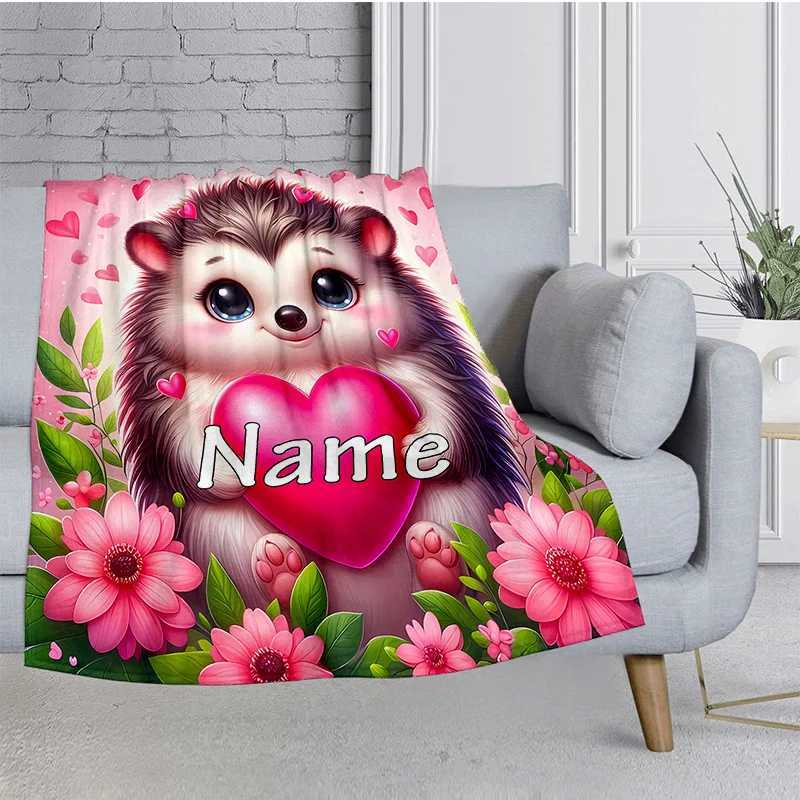 Personalized customized name hedgehog and heart-shaped flannel blanket suitable for napping camping sofa festival decorationW251107-image-1083902132