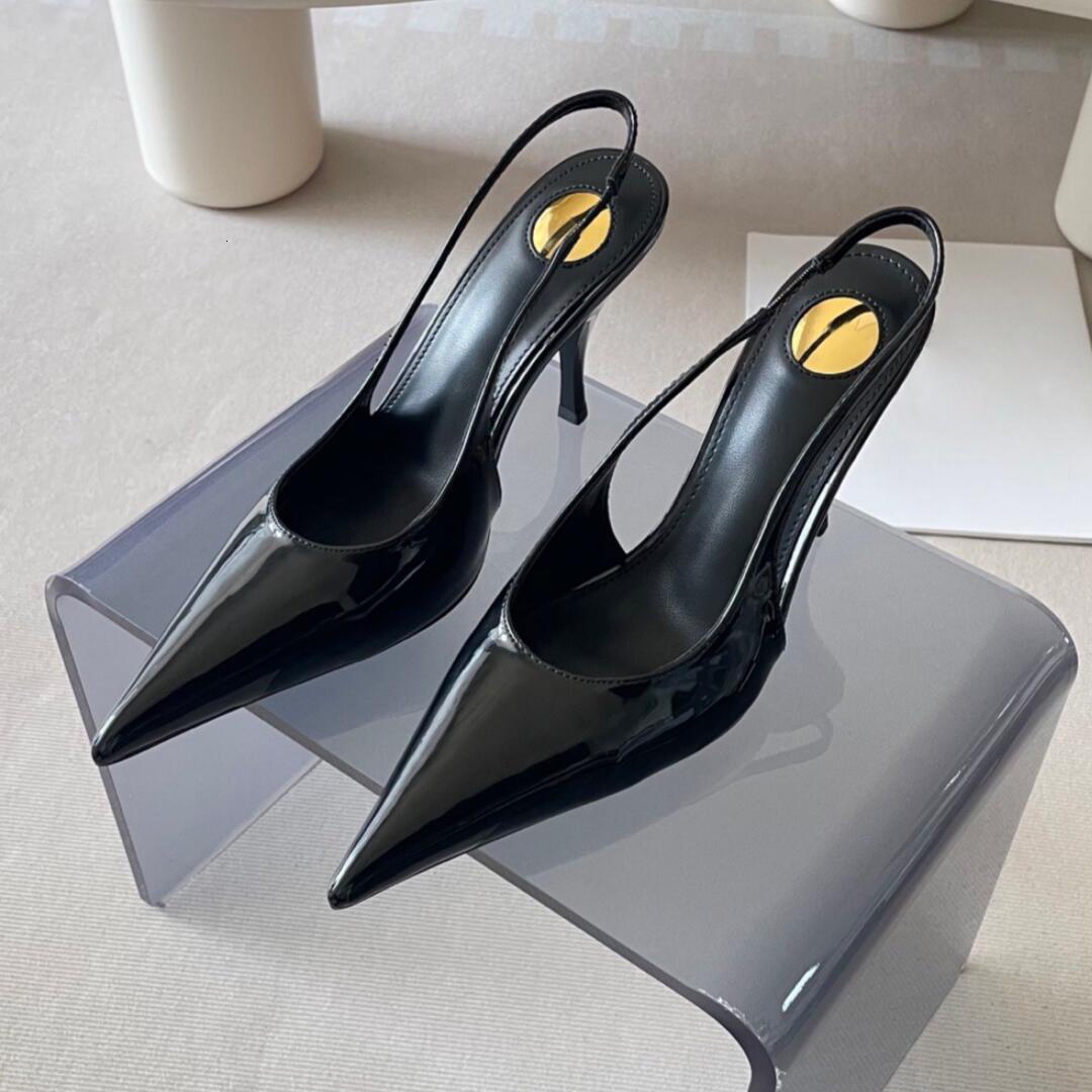 Chaussures habillées Femmes Mules Talons hauts en cuir Gold Tone Black Womens Lady Designer Sandales Party Pompes de mariage Slingback Talons Fem