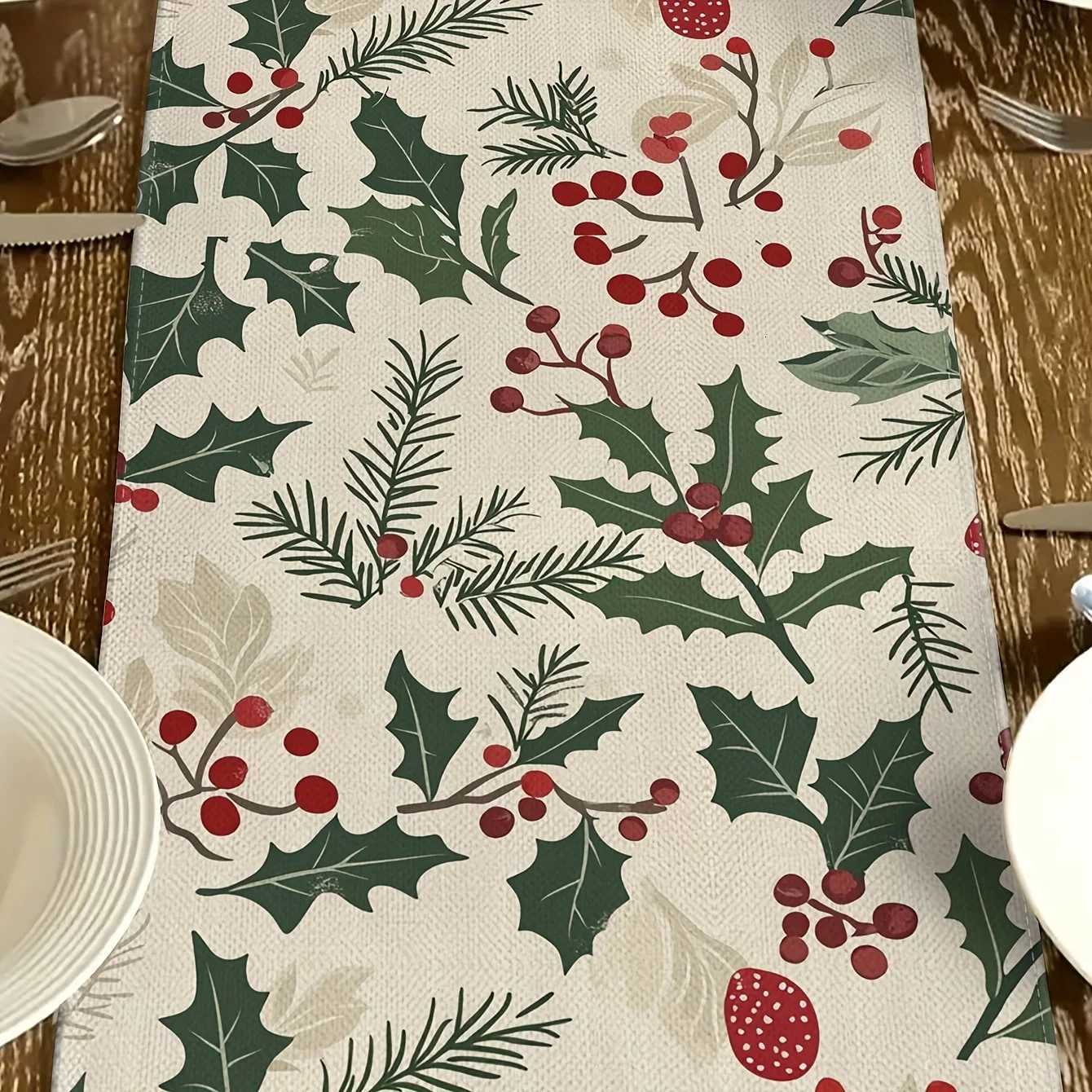Bohen Christmas holly leaves red berries and green foliage table runner holiday decoration rectangar kitchen and tablecloth H251110-image-1083976383