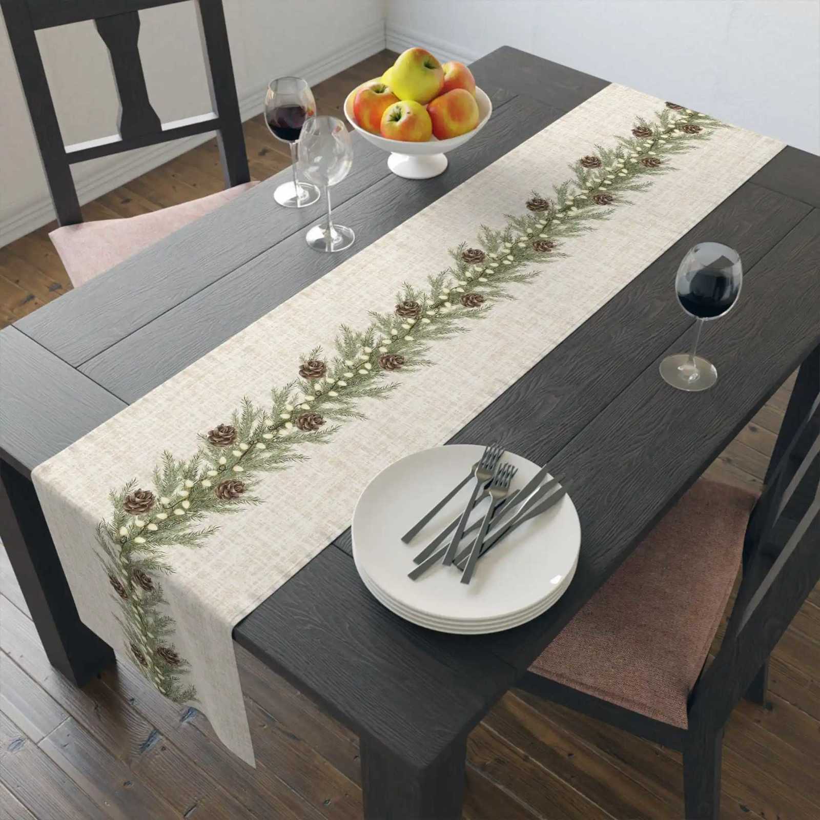 Beige White Textured Rustic Christmas Table Runner - Pine Garland Design Ideal Farmhouse Holiday He Decor to Elevate Xmas H251110-image-1083976186