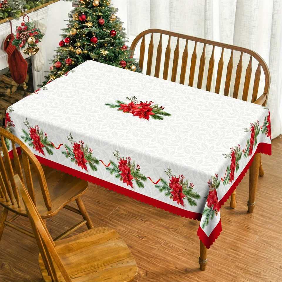 Christmas Poinsettia Pine Branch Waterproof Tablecloth Table Decor Winter Holiday Kitchen Dining Tablecloth Christmas Decoration H251110-image-1083975788