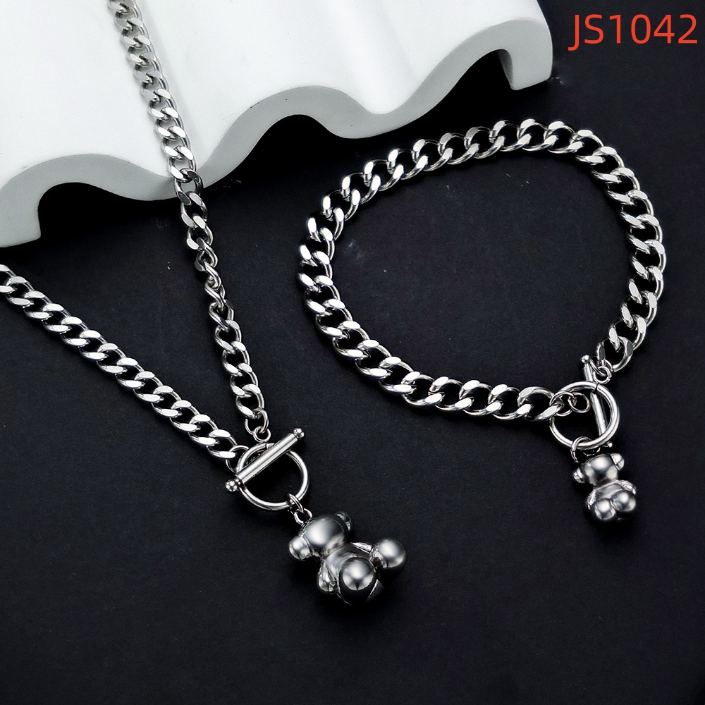 Fashion Women Men Silver Gold Stainless Steel Bear Cartoon Span Round Ball Chain Bracelet Pendant Necklace Earrings Sets Jewelry-image-1052784608