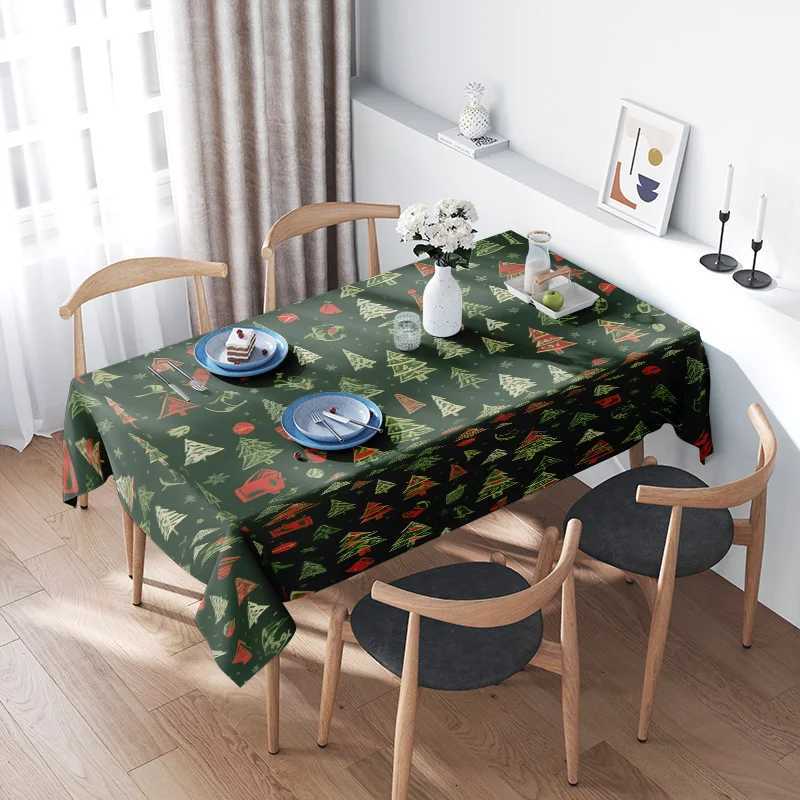 Green Christmas Tablecloth with Festive Decorations Xmas Tree Snowman Design for Dining Tables 40x65inches H251110-image-1083979008