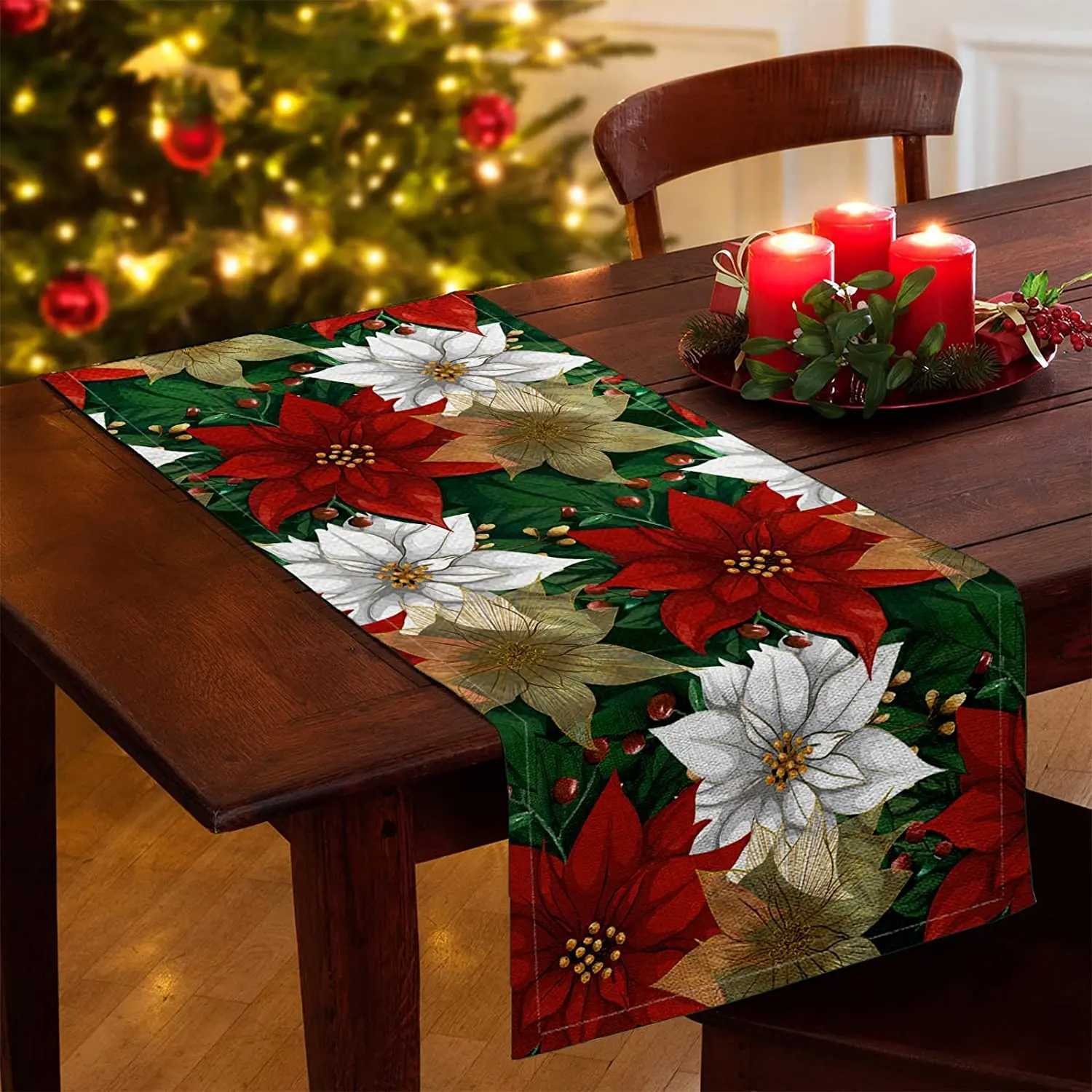 Christmas Poinsettia Table Runner Linen Fake Kitchen Dining Decor for Indoor Outdoor He Wedding Party H251110-image-1083975924
