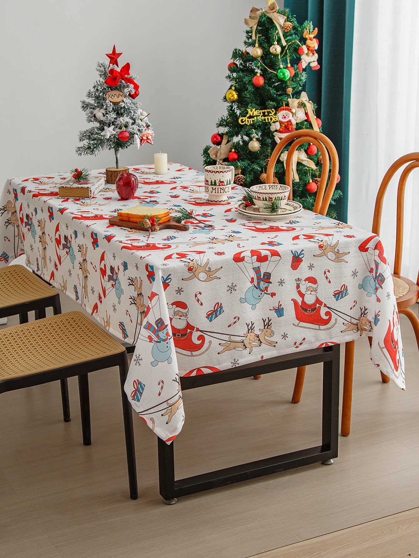 Christmas Tablecloth Winter Snowman House Christmas Trees Red Washable Table Cover for Party Picnic Dinner Decor H251110-image-1083977052