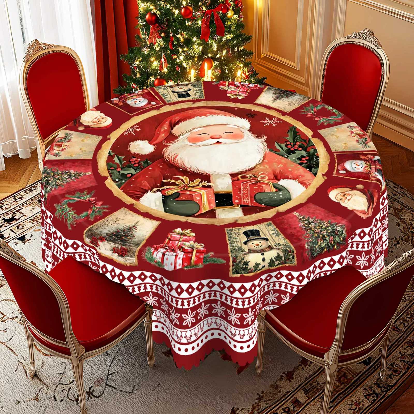 1 Piece Christmas Round and Rectangar Tablecloth Various Sizes Retro Castle Santa Claus and Christmas Tree Red Tablecloth Tablecloth for Daily He-image-1084045993