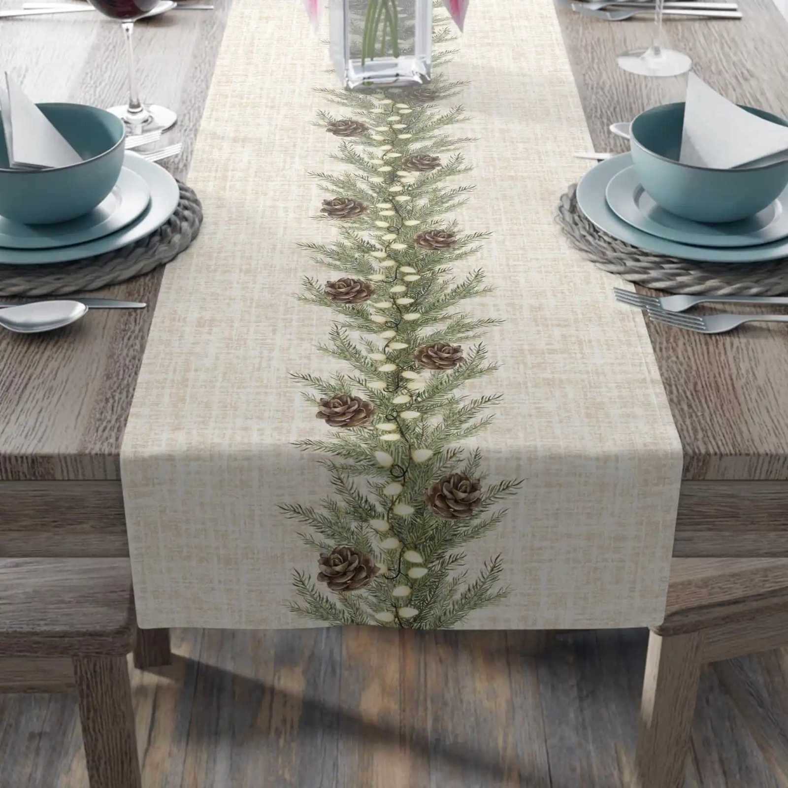 Rustic Christmas Table Runner - Beige White Textured Background with Pine Garland Design Perfect Farmhouse Holiday He Decor H251110-image-1083975469