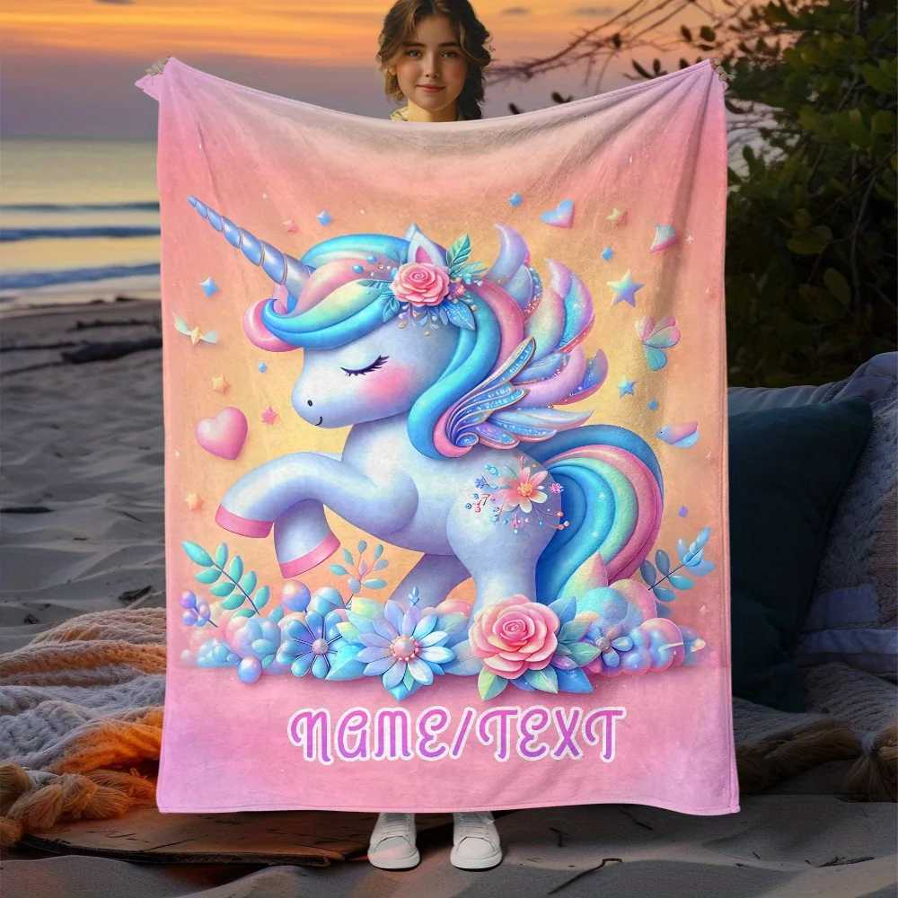 1pc Personalized unicorn flannel blanket custom name soft and warm polyester fiber suitable for sofa travel officesW251107-image-1083902157