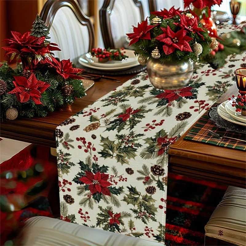 1pc Autumn Christmas Floral Table Runner Poinsettia Holly Pine Cone Pattern Perfect Gift for Holiday He Table Decoration H251110-image-1083976976