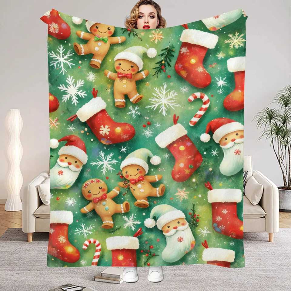 Green Blanket Christmas Stocking Gingerbread Man Soft Flannel Blanket for Home Living Room Bedroom Decor New Year Christmas GiftW251107-image-1083906811