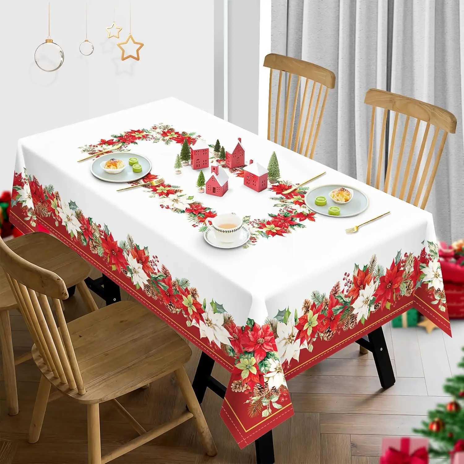 Merry Christmas Poinsettia Flowers Tablecloth for Table Decor Winter Kitchen Dining Waterproof Table Cloth Christmas Decorations H251110-image-1083977217
