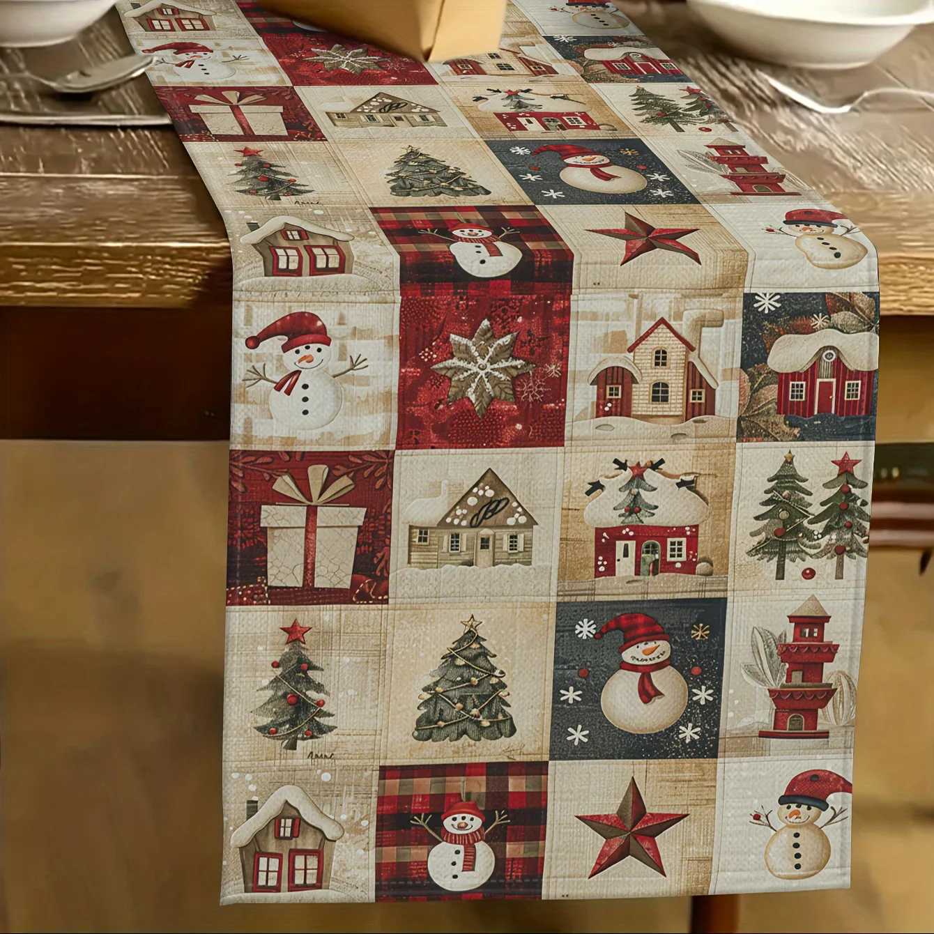 1pc Vintage Christmas Table Runner Snowman/Santa/Reindeer Design Retro Indoor/Outdoor Dining Decor Winter Party Supplies H251110-image-1083976292