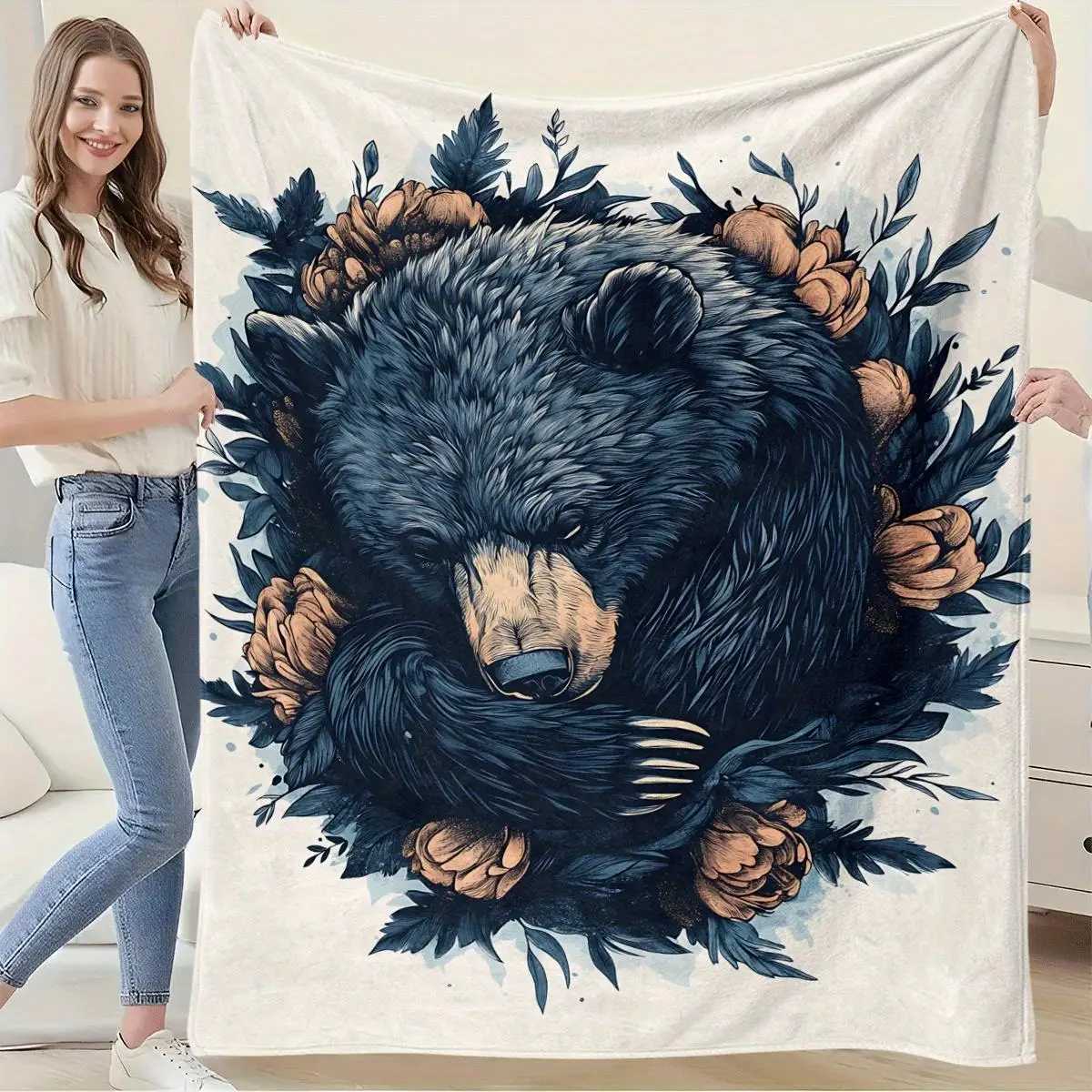 1pc Bohemian Black Bear Floral Print Flannel Blanket Heavyweight All-Season Soft Throw Durable Quilted Bedspread forW251107-image-1083904470