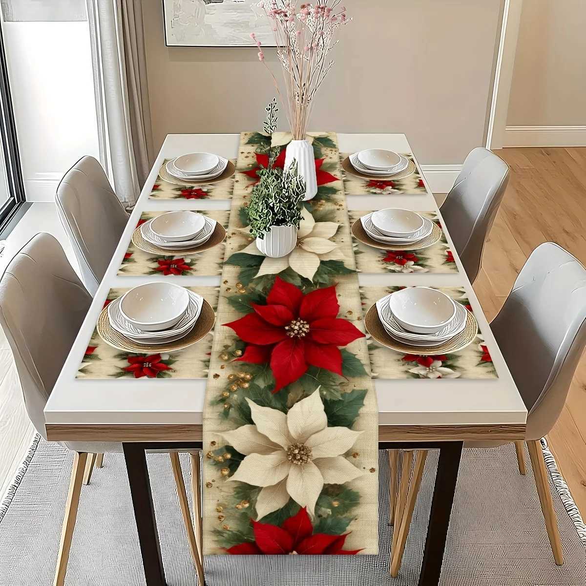 5/7pc Vintage Poinsettia Christmas Table Runner with Placemat Red White Floral Print Festive Table Deco for Xmas Dinner Holiday H251110-image-1083976888
