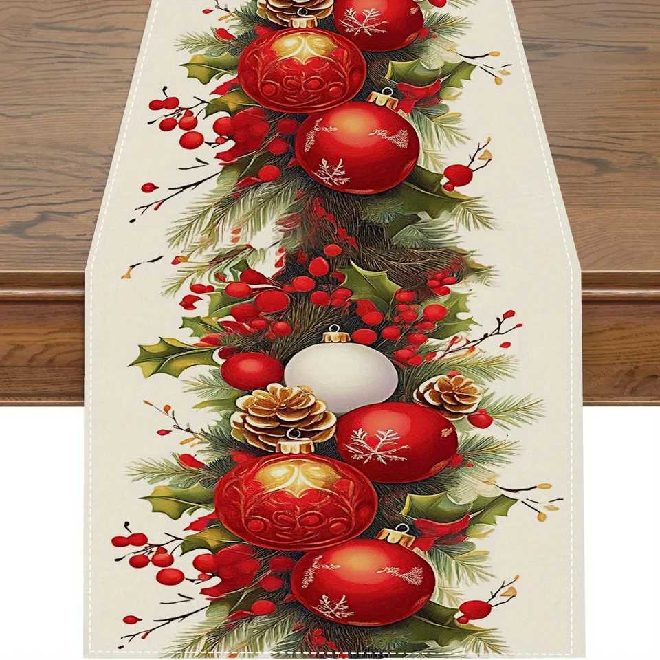 Christmas Ball Pine Needle Table Runner for Table Decor Winter Xmas Snowflakes Kitchen Dining Table Runners Christmas Decoration H251110-image-1083975304