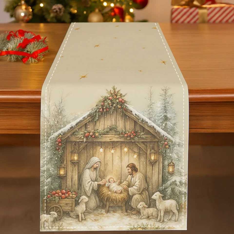 1pc Christmas Table Runner with Manger Scene Nativity Star Snowy Pine Trees - Beige Golden Winter Holiday Decor H251110-image-1083975950