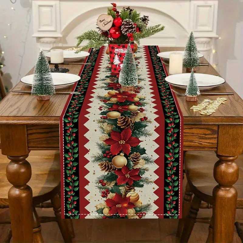 1pc Autumn Christmas Festive Poinsettia Golden Ornaments Table Runner Winter Decor for Dining Table He Xmas Celebrations H251110-image-1083975596