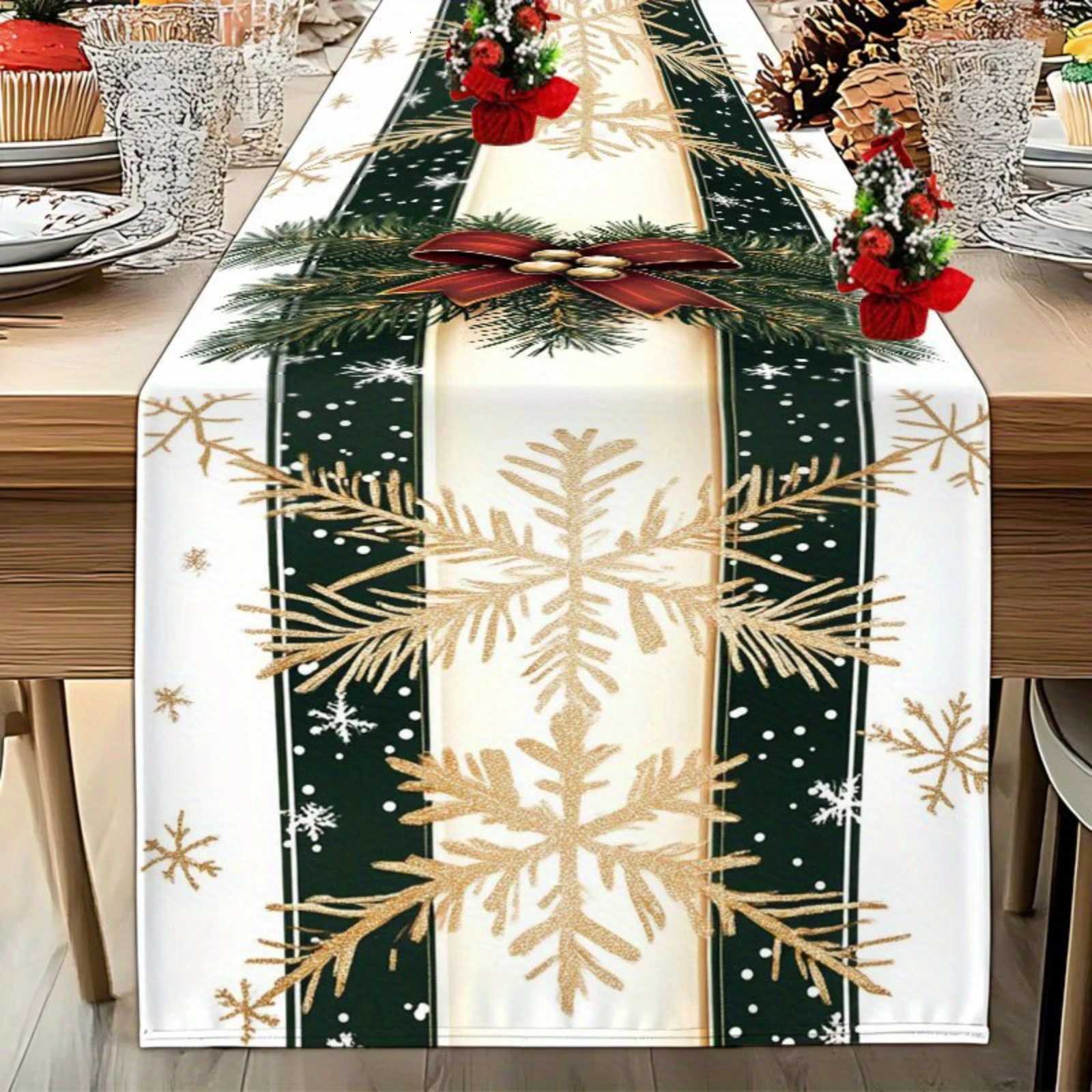 Christmas Themed Table Runner Green Pine Branches And Red Bows with Golden Holiday Kitchen Dining Table Decoration He Party H251110-image-1083976223