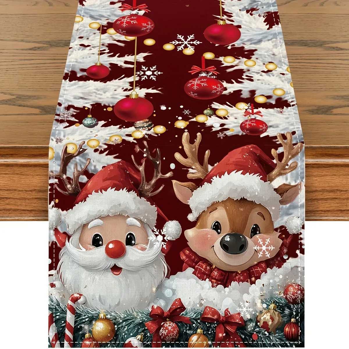 1 Cute ChristmasThemedT ableR unnerR edB ackgroundw ithC artoonS antaC lausR eindeera ndC hristmasD ecorationsS uitablef orC hristmasF amilyD inn-image-1084046060