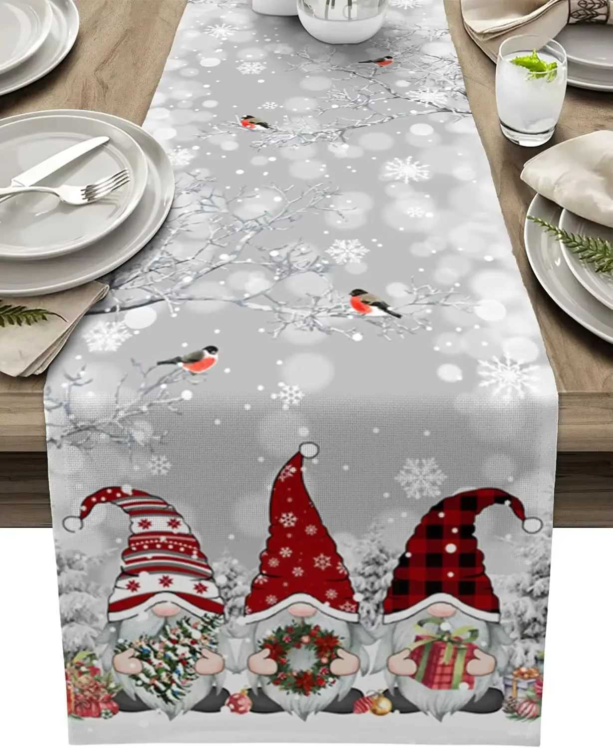 Christmas Gne Snowflake Table Runner Linen Dresser Scarf with Branch Bird Design for Kitchen Table Winter Decor H251110-image-1083977141