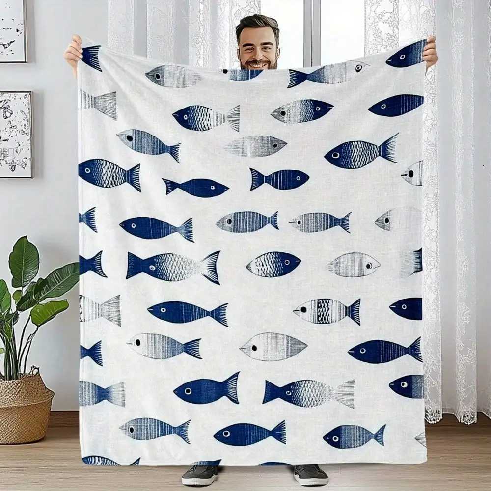 1 Piece Ultra Soft Flannel Blanket - Double Size Blue Fish Print On White Background Vintage Dreamy Design Suitable ForW251107-image-1083909362
