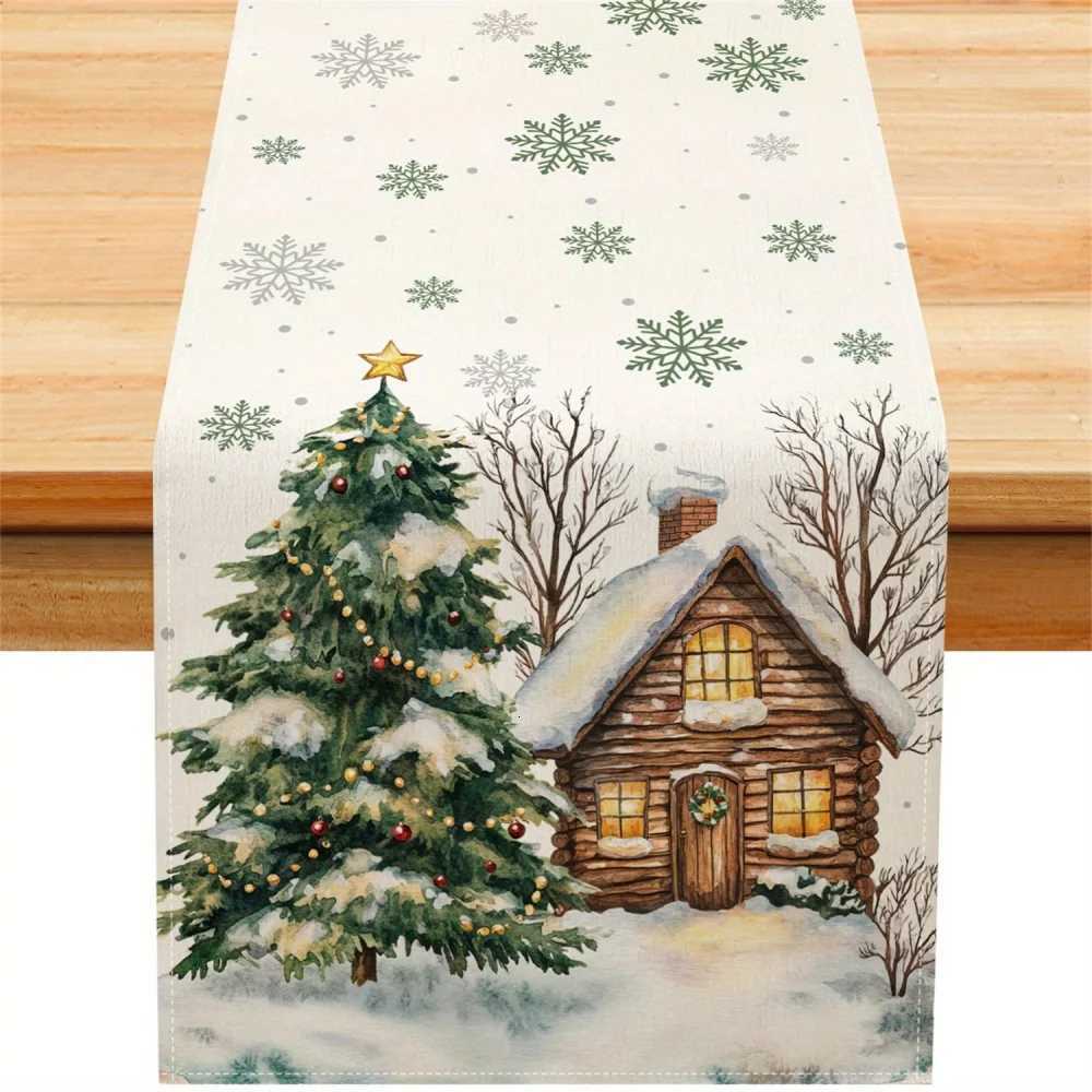 1pc Modern Forest Snow Scene Cabin Pattern Table Runner Christmas Tree Ornament Snowflake Branch for Kitchen Dining He H251110-image-1083975243