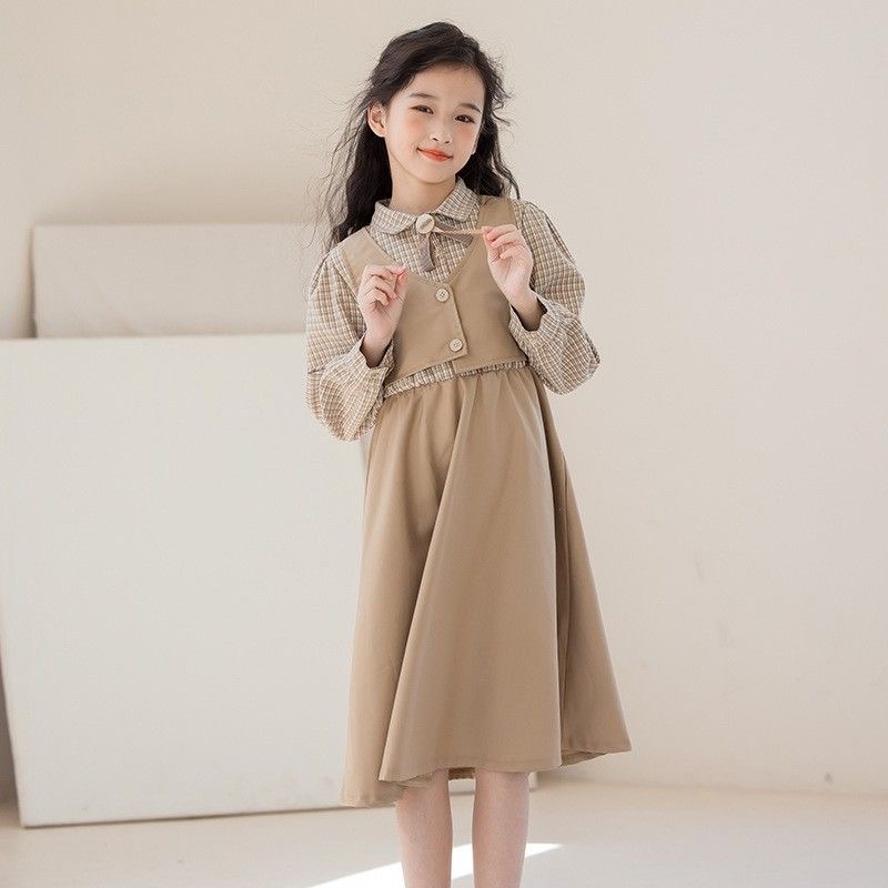 D657 High-end girls&#039; dress, vest, plaid shirt, faux two-piece set skirt, spring and autumn school style quality children&#039;s dress-image-1084019635