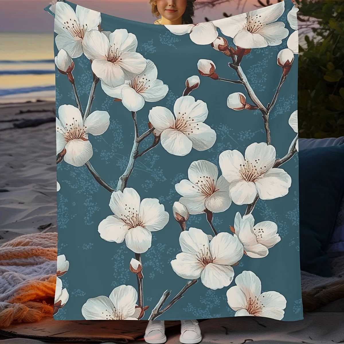 1pc Cherry Blossom Flannel Blanket - Soft Cozy Polyester Throw with Elegant Floral Design for Home Decor Outdoor Activities aW251107-image-1083903592
