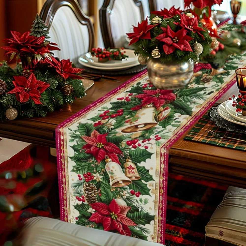 1pc Festive Christmas Table Runner with Poinsettia Bell Patterns Perfect for Christmas Festival Gift Table Decoration H251110-image-1083975981