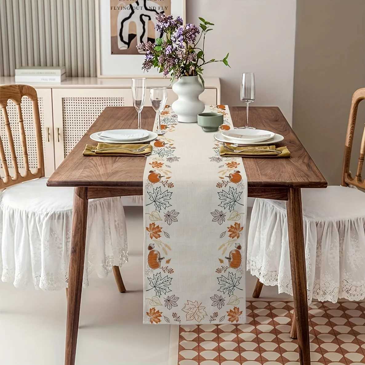 1pc Autumn Pumpkin Maple Leaf Table Runner Festive Decor for Harvest Thanksgiving Dining H251110-image-1083975401