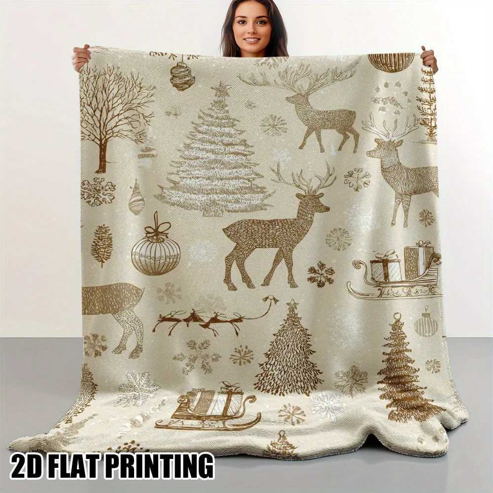 Ultra-Soft Christmas Blanket 1pc Ultra-Soft Luxury Flannel Christmas Blanket - Vintage Winter Scenes with Reindeer SnowflakesW251107-image-1083905336