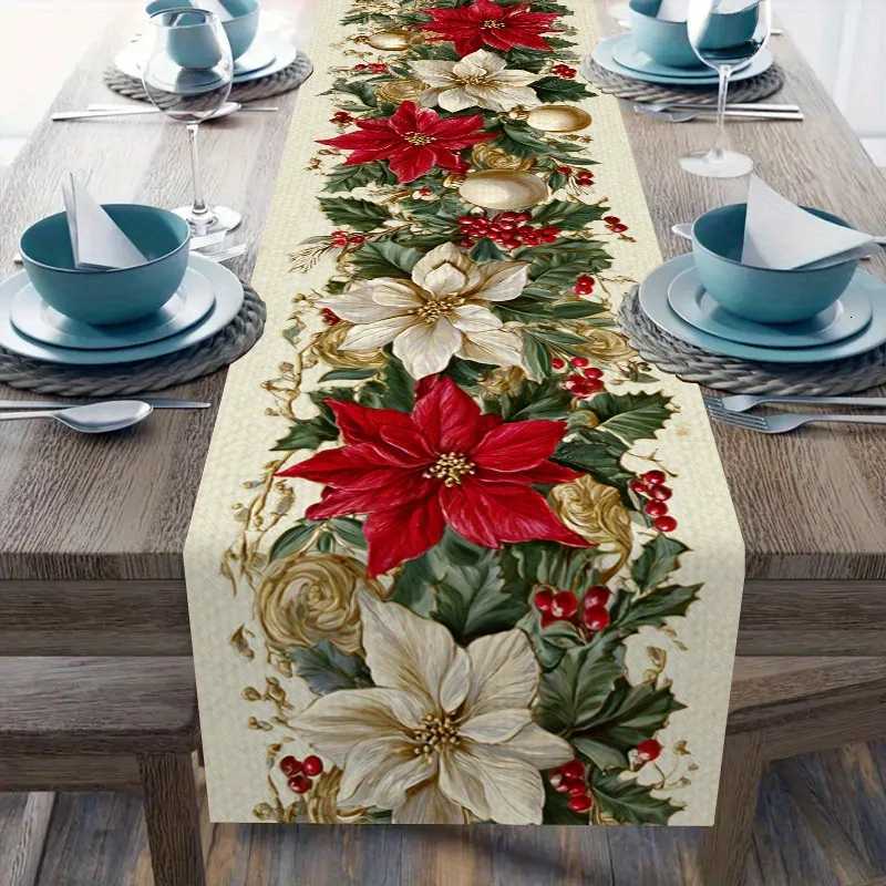 Christmas Poinsettia Floral Linen Table Runner Party Decor Winter Xmas Holiday Kitchen Dining Table Runner Christmas Decorations H251110-image-1083975979