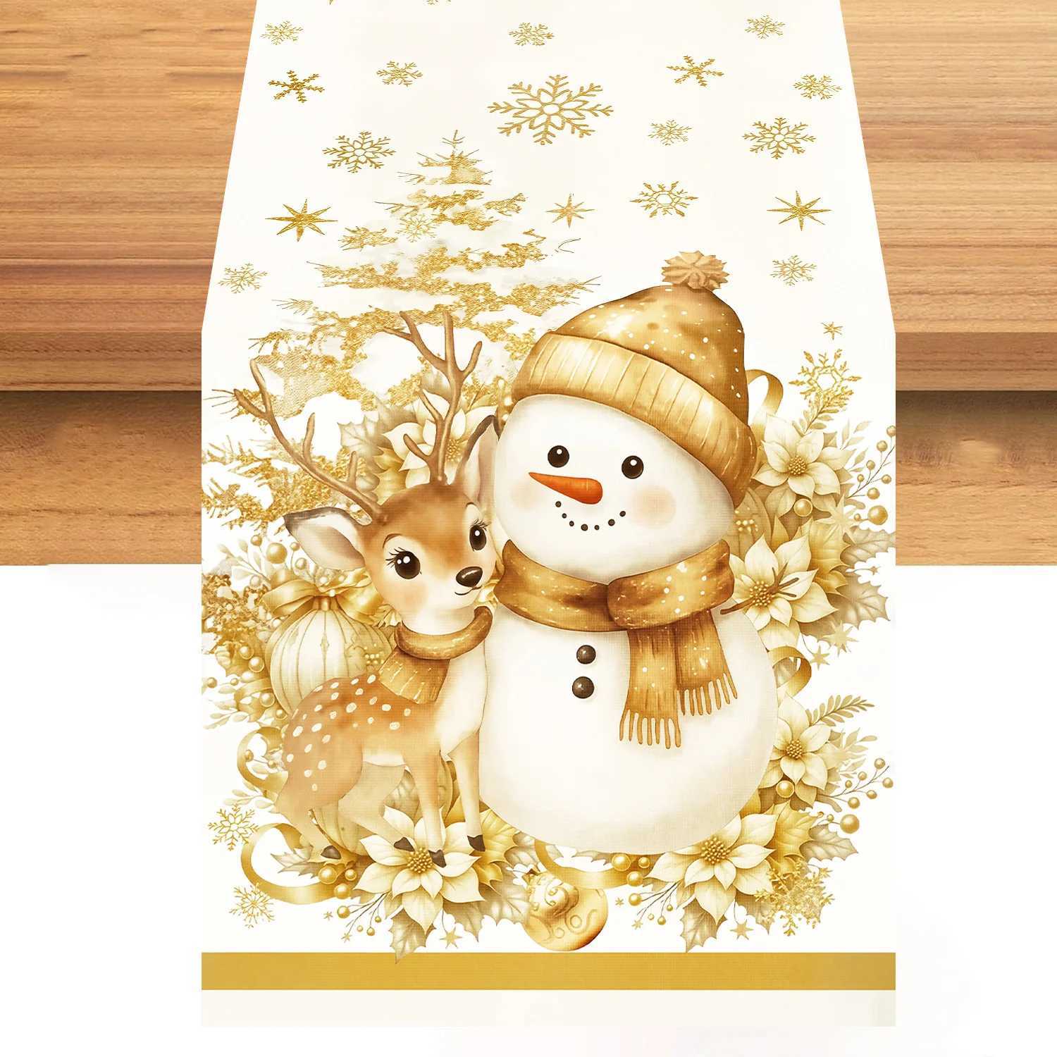 Christmas golden polter/linen Table Runner Xmas Holiday Party Snowman Elk Flower Decor Winter Dining Table Runner Decor gift H251110-image-1083975747