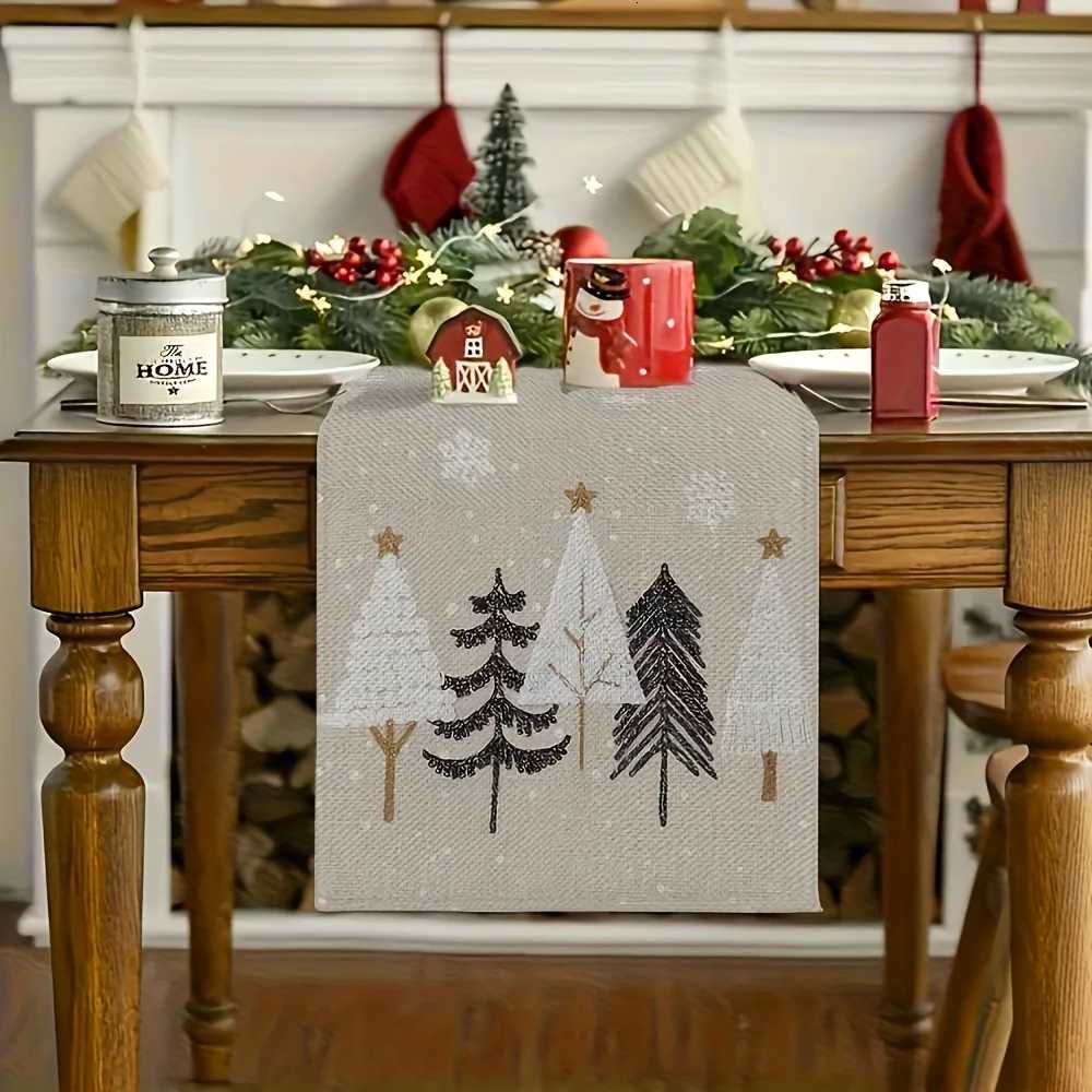 1pc Autumn Christmas Tree Pattern Table Runner Linen Fabric Holiday Table Decoration for He Kitchen Dining Ro Festive Setup H251110-image-1083976707