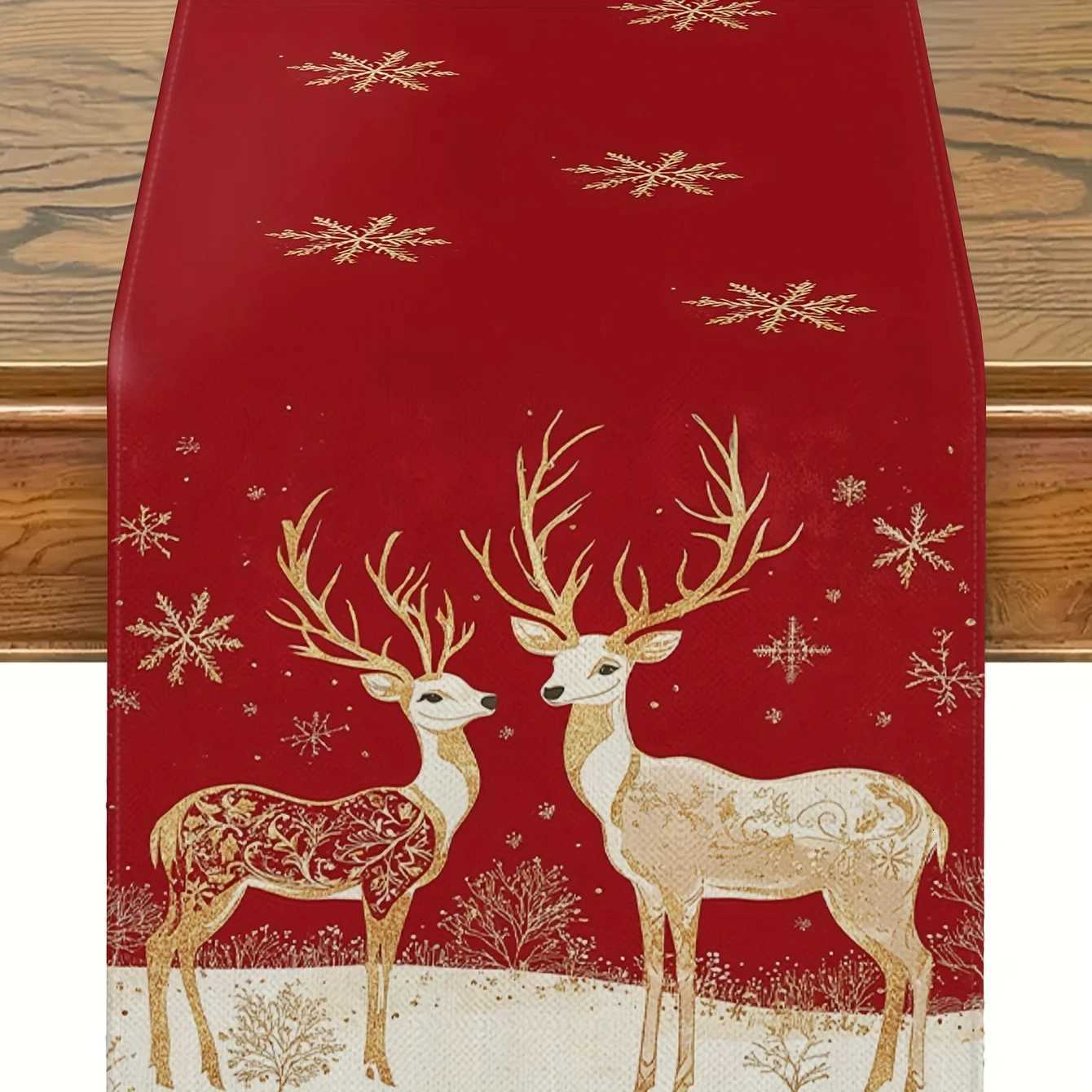 Christmas Golden Reindeer Linen Table Runner Party Decor Winter Xmas Snowflake Kitchen Dining Table Runner Christmas Decorations H251110-image-1083975516