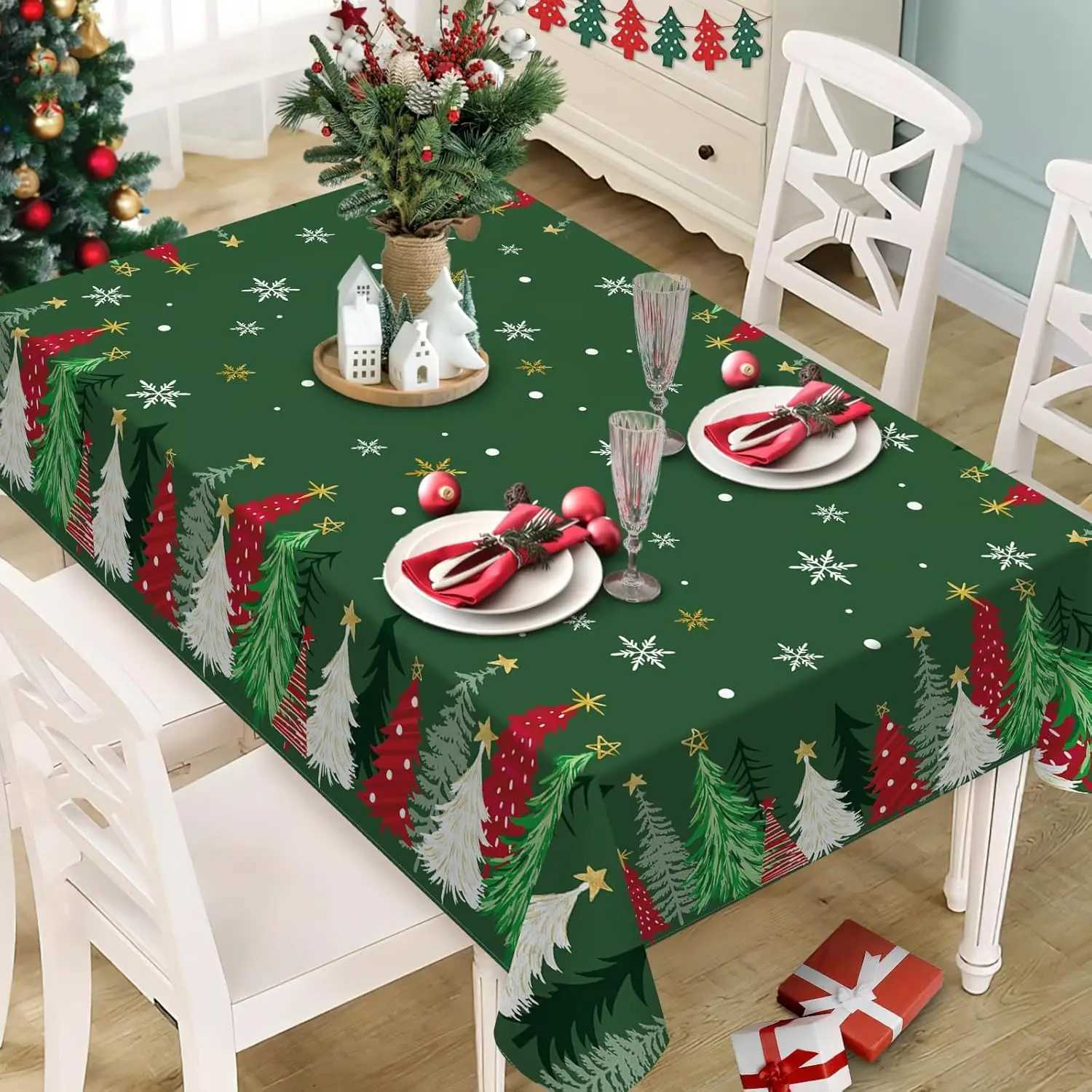 Christmas Tree Green Tablecloth for Table Decor Winter Xmas Pine Trees Snowflakes Rectangle Table Cloth Christmas Decorations H251110-image-1083976474