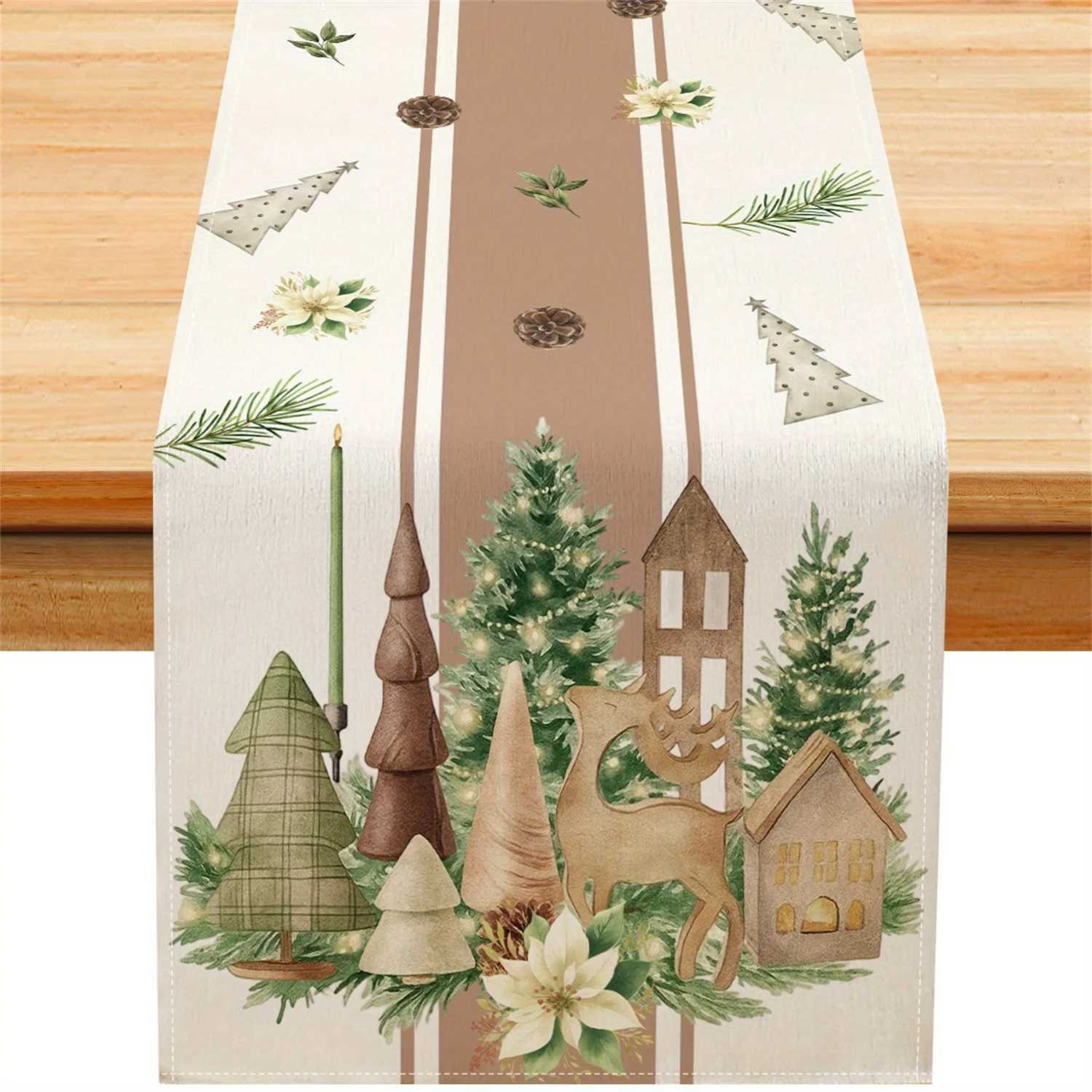 Festive Christmas Table Runner with Pine Tree Reindeer and Snowflake Design Holiday Dining and He Decor Seasonal He Setting H251110-image-1083976118