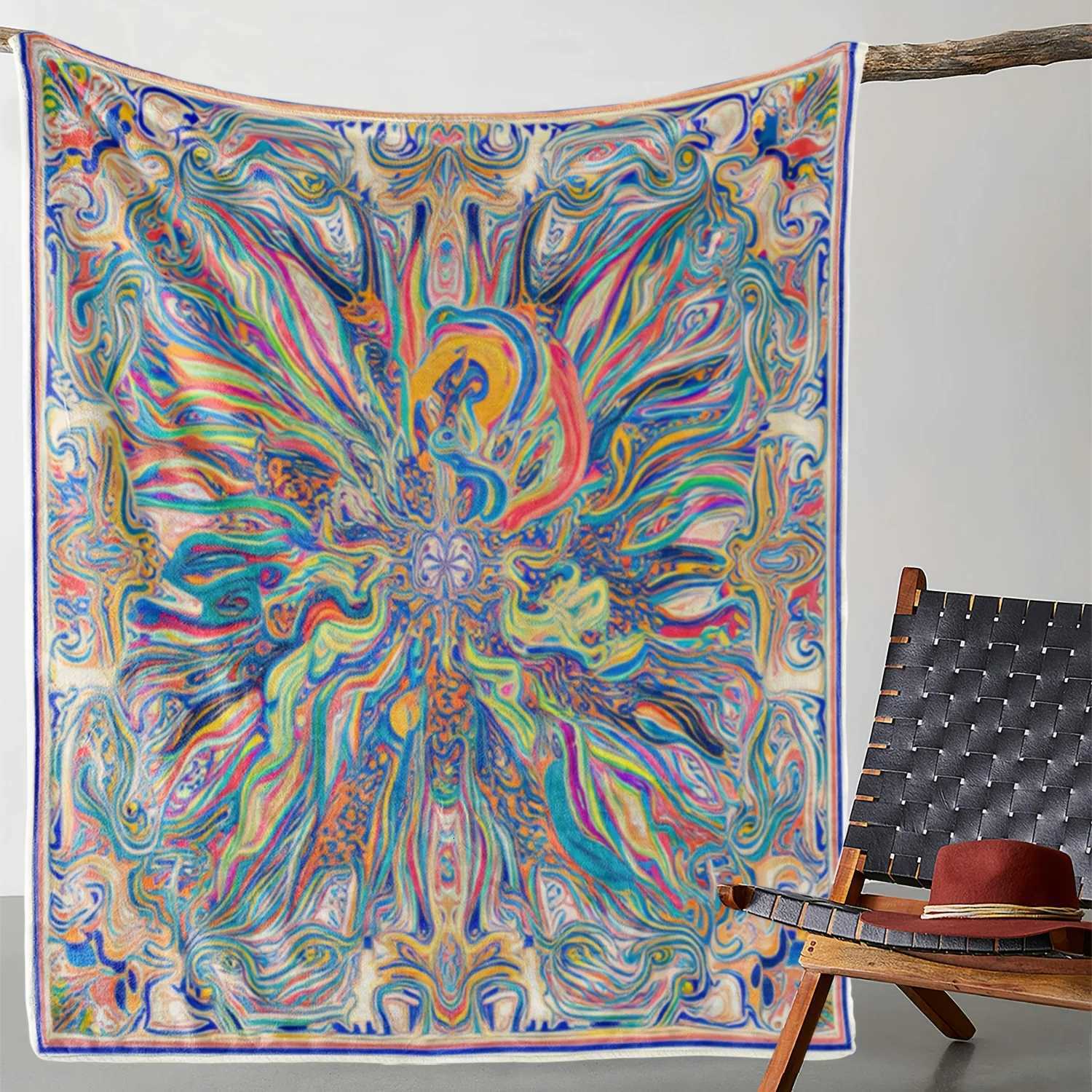 1pc Zeal Lily Flannel Blanket - Soft Warm All-Season Multicolor Abstract Mandala Print Throw with Psychedelic 60s/70s Retro DesiW251107-image-1083906545