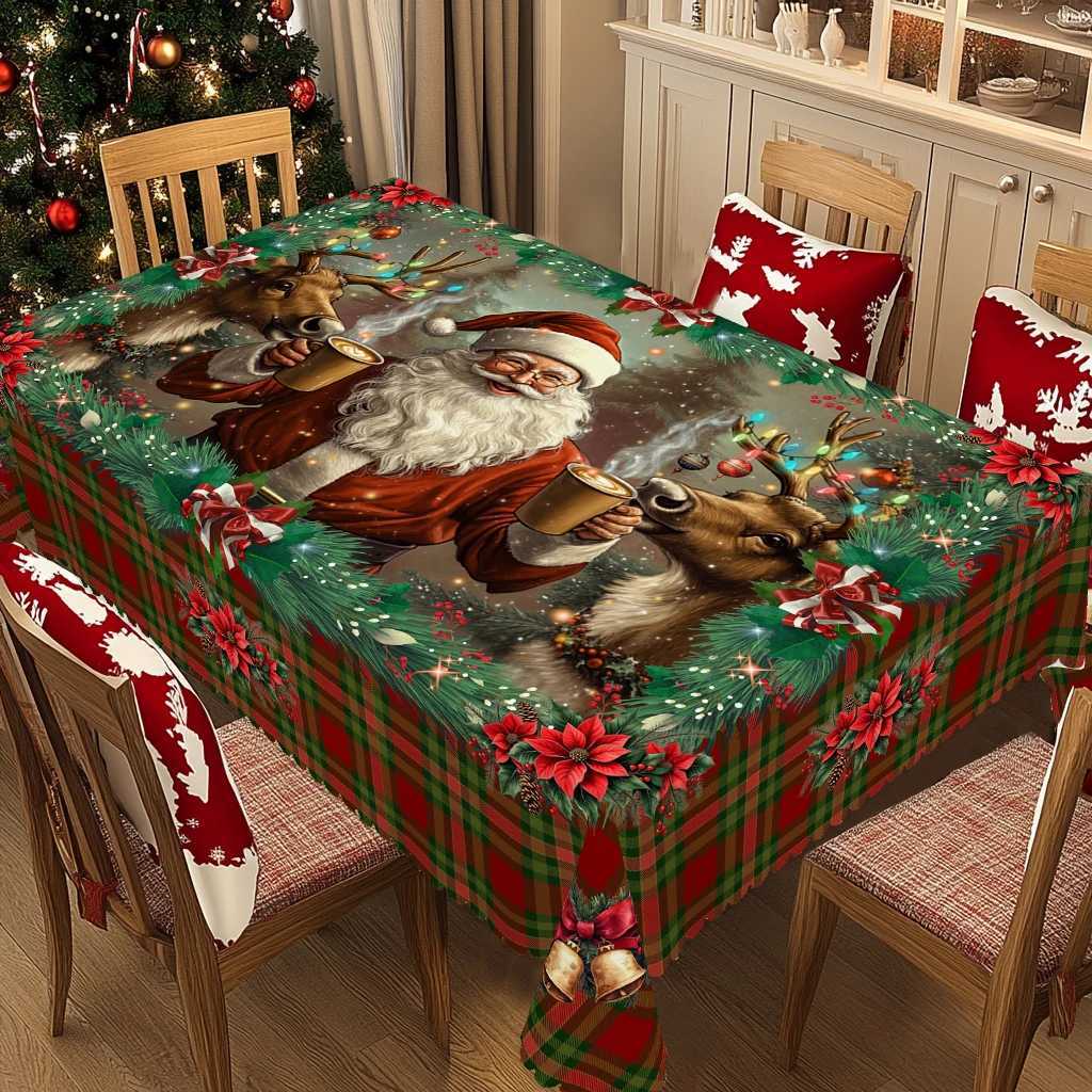 1 Piece of ChristmasThemedP rintedT ableclothV intageC ountryF armhouseS tyleF eaturingS antaC lausR eindeerC hristmasF lowersP ineB ranchesR eda-image-1084045967
